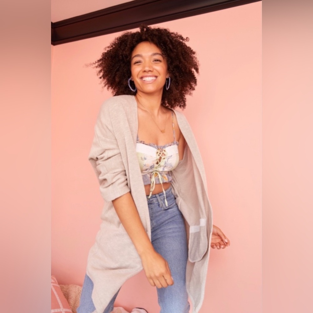 DONNI. Anthropologie Sandwash Ribbed Cardigan Light Beige Gray Striped Open